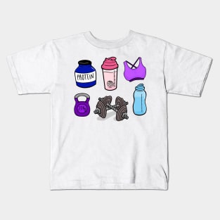 Gym Essentials Protein, Shaker, Bra, Kettlebell, Dumbbell, Water bottle Kids T-Shirt